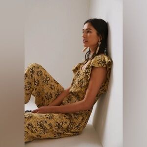 Anthropologie Kopal Myra Jumpsuit Women's Yellow Motif Cotton Romper Medium